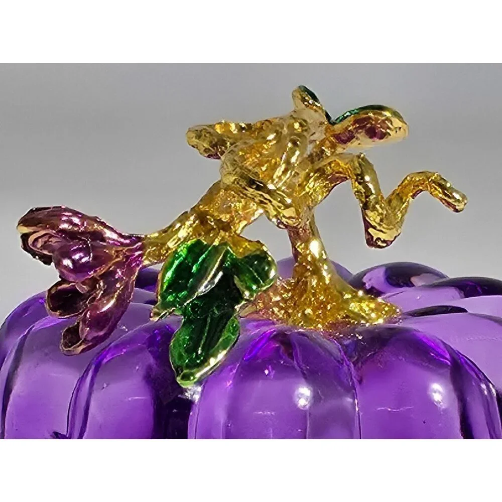 Purple Pumpkin With Gold Plated Stem & Leaves Decorative Piece Vintage